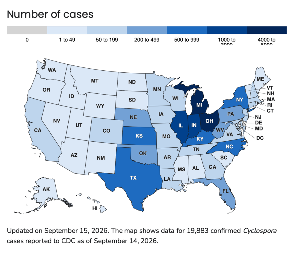 Map of the US showing that most Cyclospora cases reported by the CDC were in the midwest to Texas